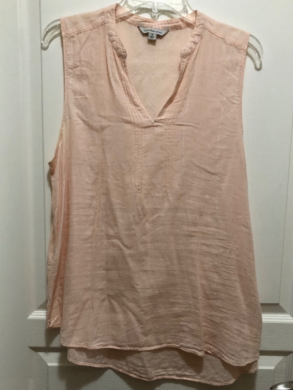 Calvin Klein XL peachy cream cotton sleeveless top shimmer thread detail